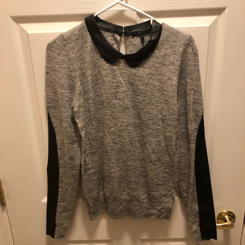 Maje melange gray sweater with black leather trim